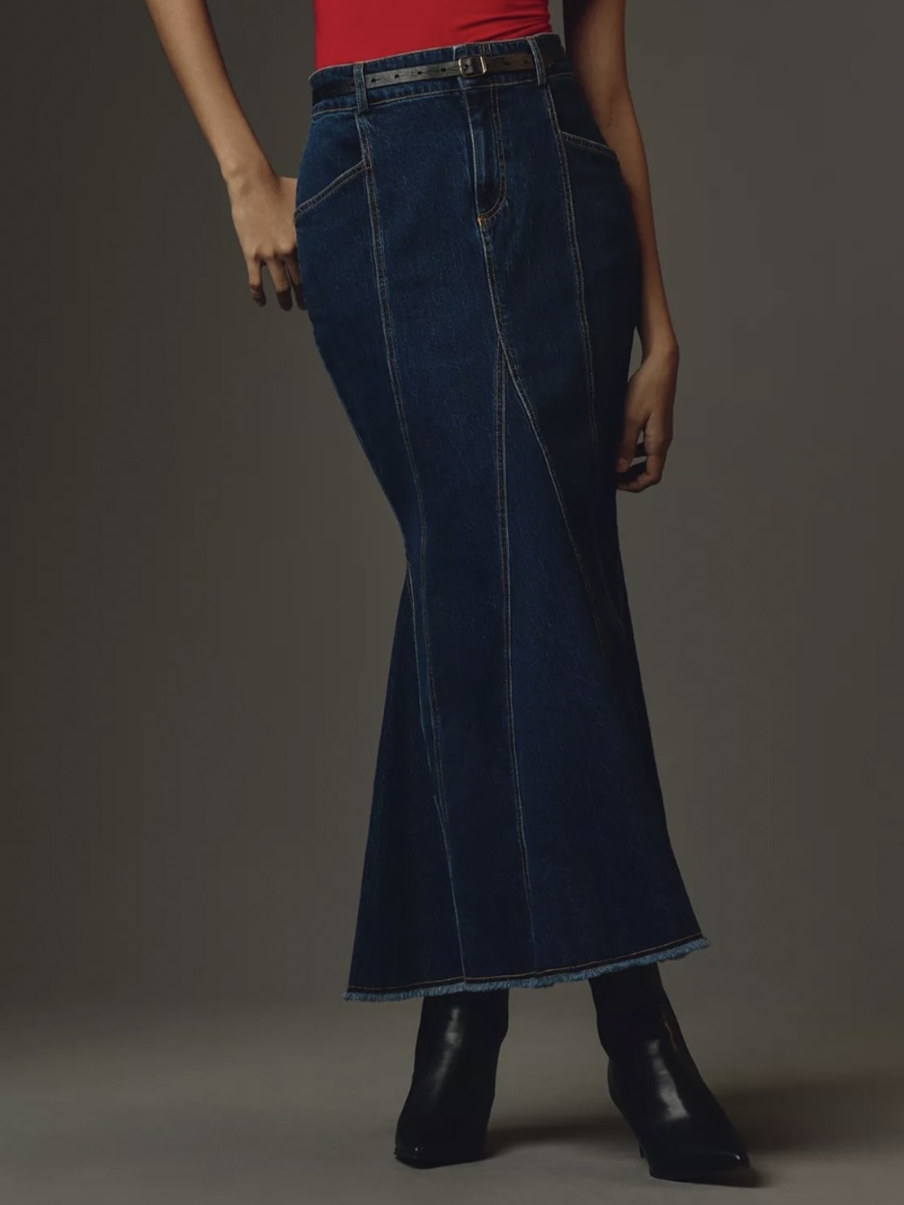 Anthropologie Pilcro Godet Flare Tulip Mermaid Denim Maxi Skirt Dark Wash Size 6